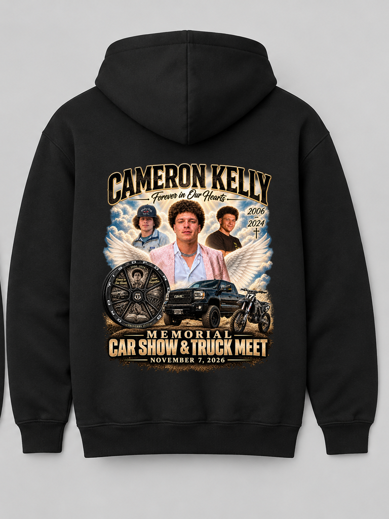 LLCK 2026 black hoodie back with Cameron Kelly memorial event artwork