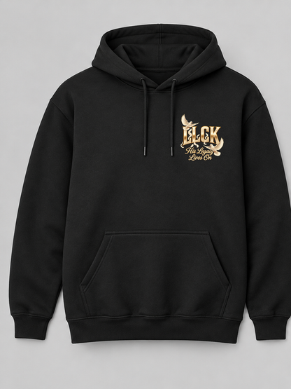 LLCK 2026 black hoodie front with gold and ivory LLCK chest logo