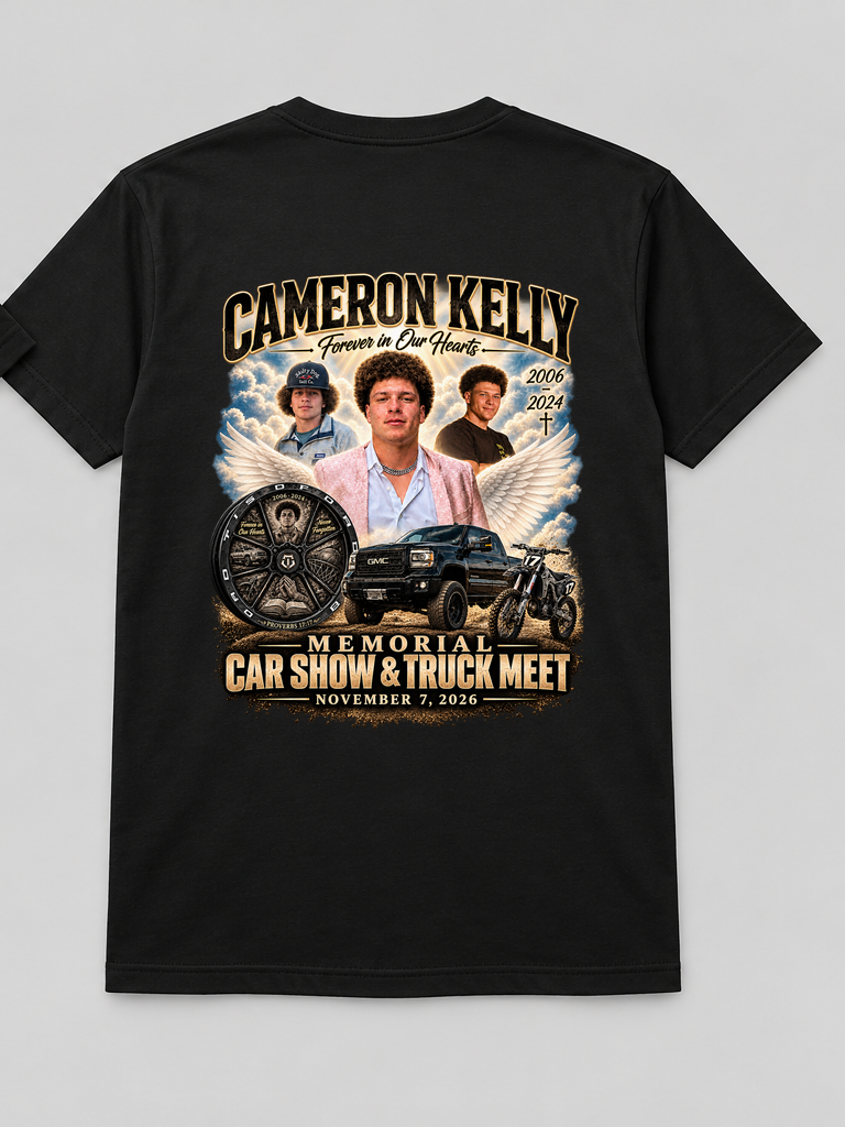 LLCK 2026 black T-shirt back with Cameron Kelly memorial event artwork