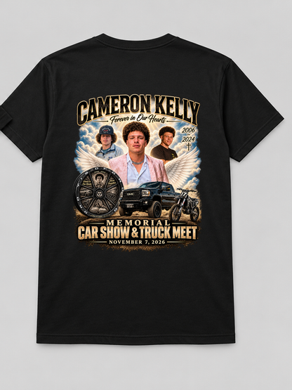 LLCK 2026 black T-shirt back with Cameron Kelly memorial event artwork