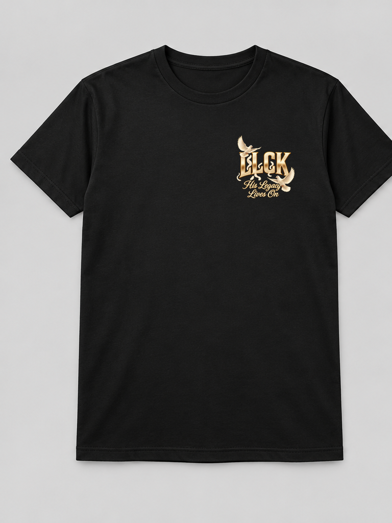 LLCK 2026 black T-shirt front with gold and ivory LLCK chest logo