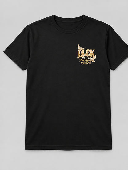 LLCK 2026 black T-shirt front with gold and ivory LLCK chest logo
