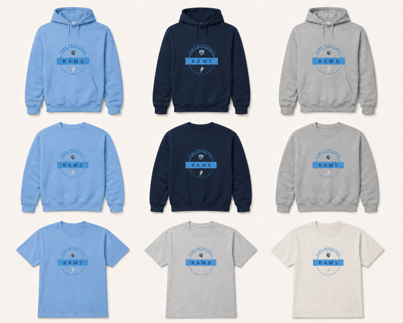 Rams Basketball hoodies, crewneck sweatshirts, and Comfort Colors T-shirts