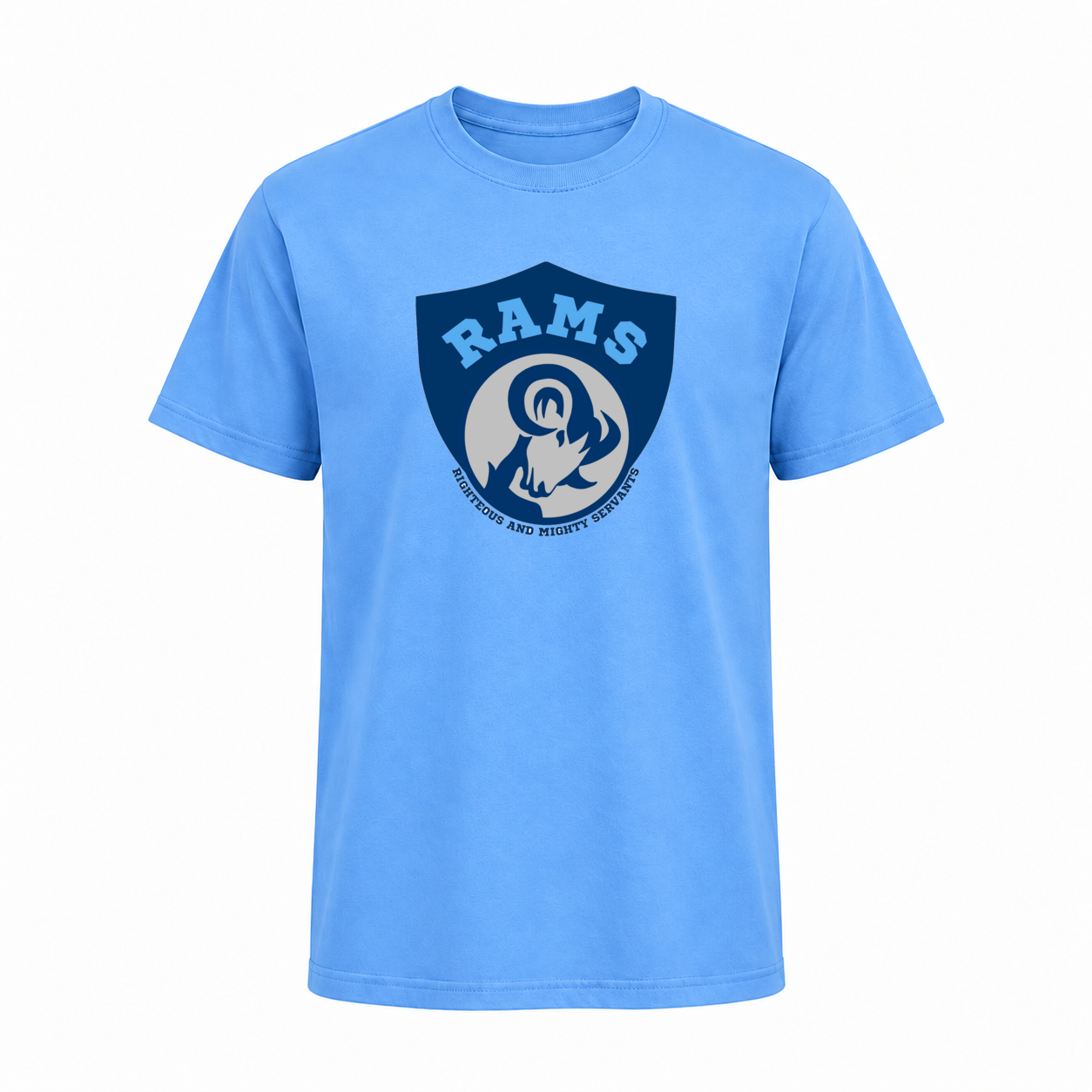Rams Logo Short sleeve in Carolina Blue with uniformly sized centered front DTF print